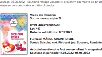 Kaufland retrage produsul „Vreau din România Suc de mere și vișine 3 L”