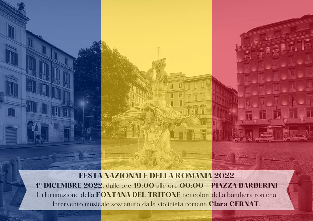 „Fontana del Tritone” din Roma iluminată în culorile drapelului României