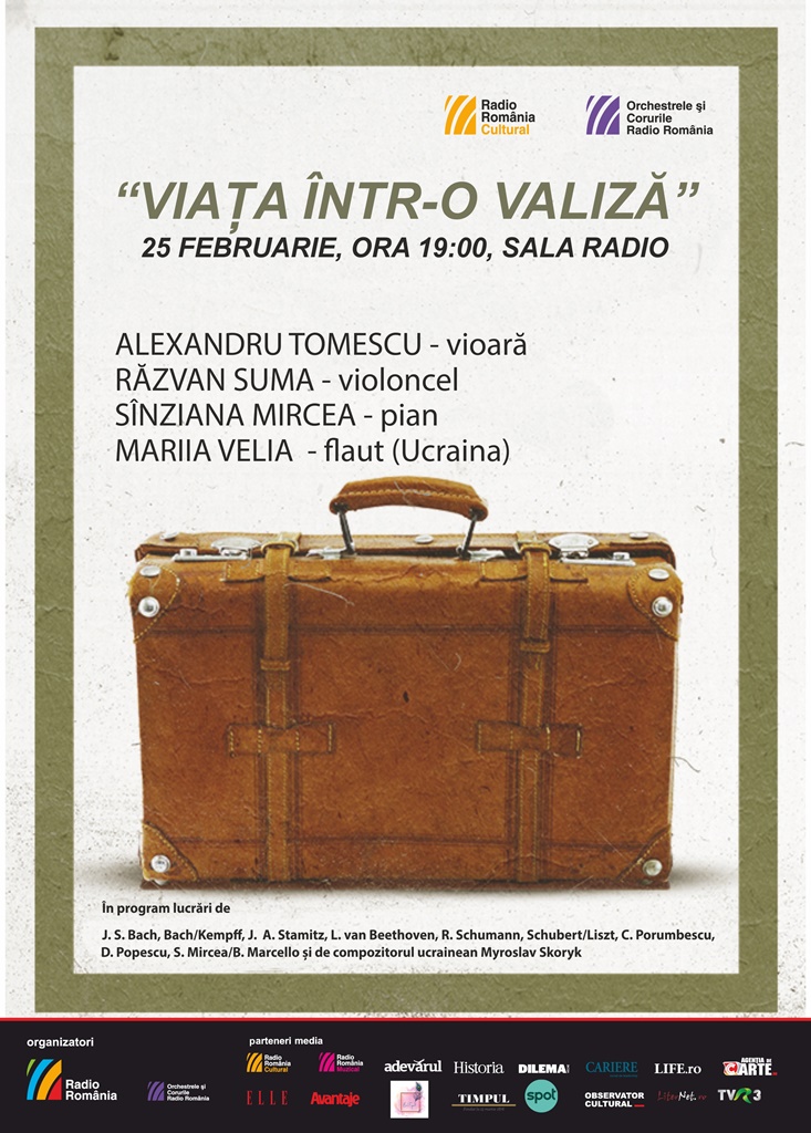 Alexandru Tomescu, Răzvan Suma și Sînziana Mircea urcă pe scena Sălii Radio, în cadrul concertului „Viața într-o valiză”