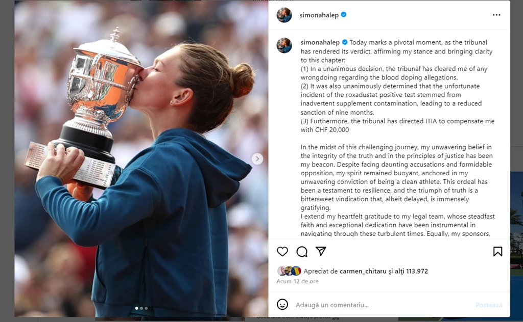 Simona Halep – prima victorie la aproape doi ani de la suspendare!